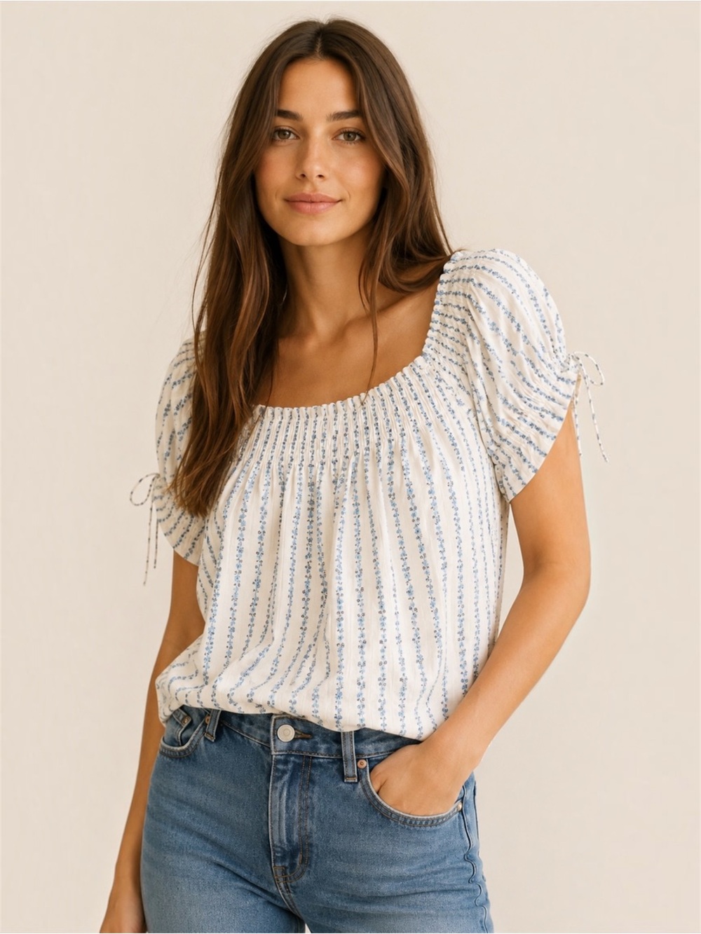 J.Crew Blue Floral Smocked Puff Sleeve Cotton Top XS NWT